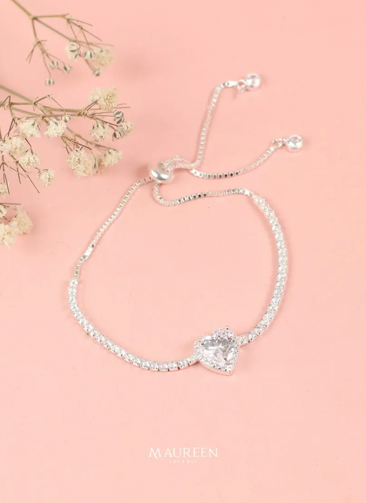 Pulsera circon corazon ajustable -  Plata