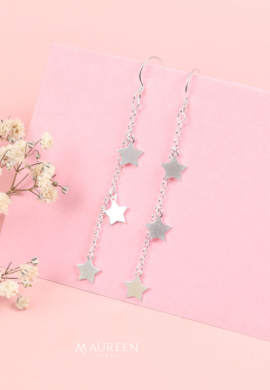 Arete colgante cadena roll on con 3 dijes de estrellas - Plata