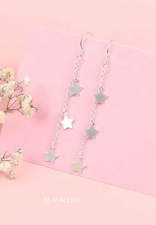 Arete colgante cadena roll on con 3 dijes de estrellas - Plata
