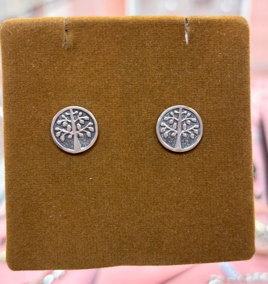 Arete arbol de la vida circular pegado - Plata quemada