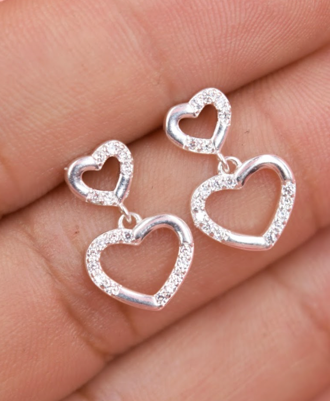Arete doble corazón circón colgante- Plata
