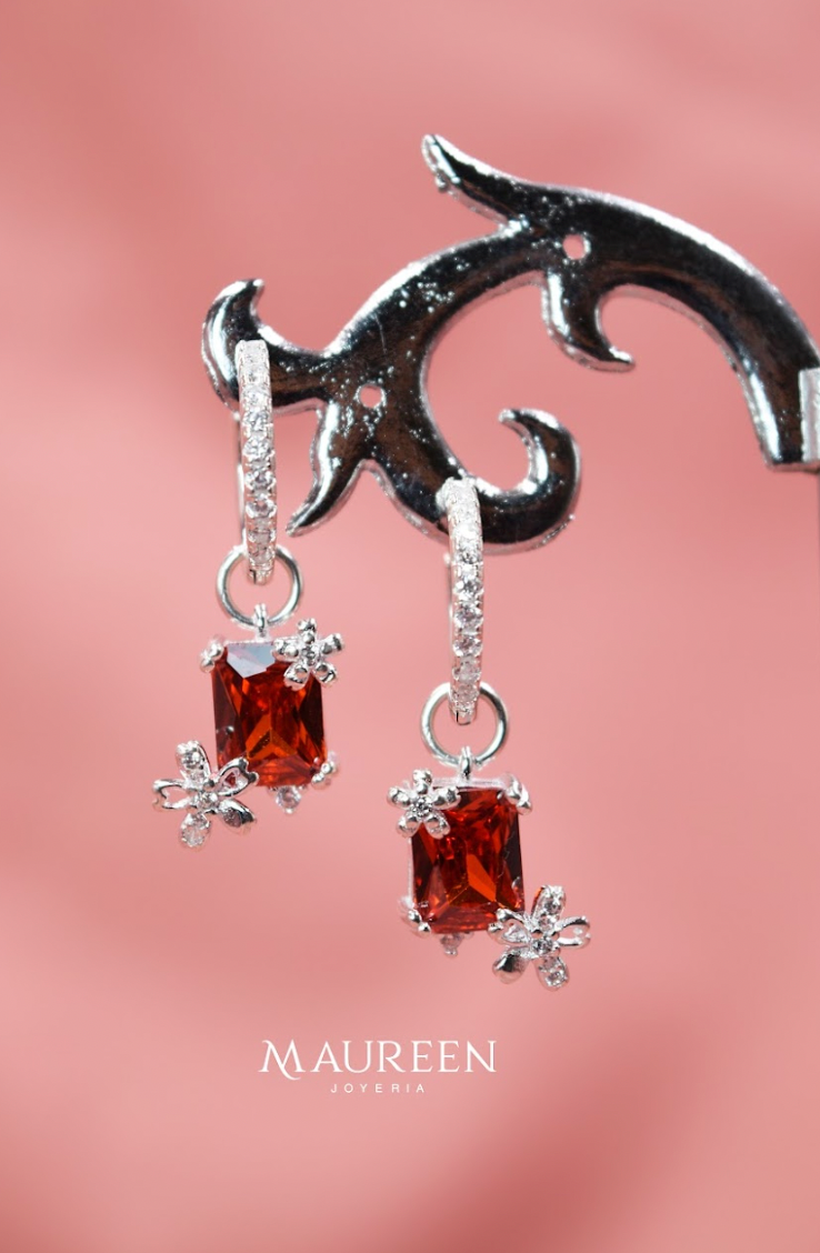 Arete flores piedra rubí cuadrado colgante - Plata