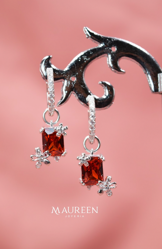Arete flores piedra rubí cuadrado colgante - Plata