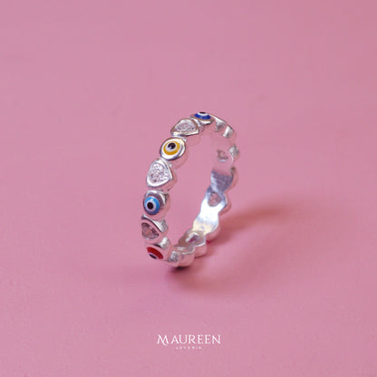 Anillo ojos turcos multicolores circones corazones - Plata