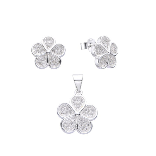 Juego flor con circones  - Plata