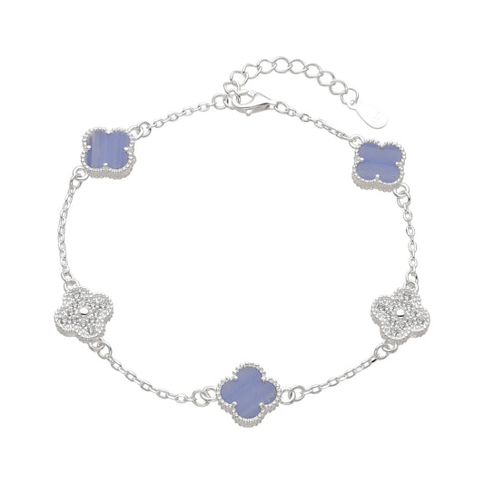 Pulsera  flores opalo celeste con circones - Plata