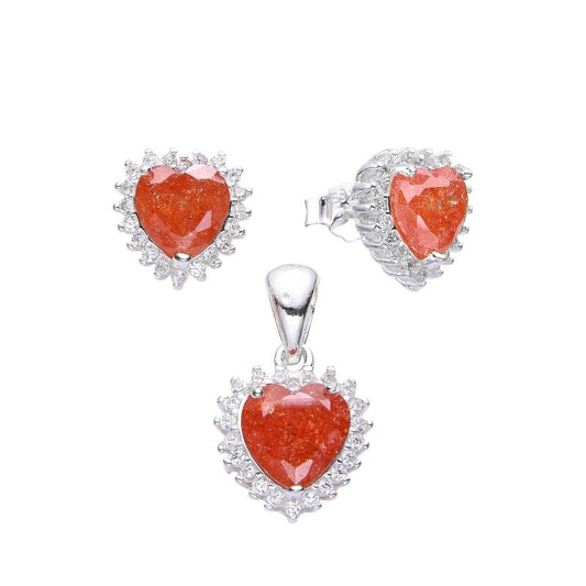 Juego corazón anaranjado con circones   - Plata