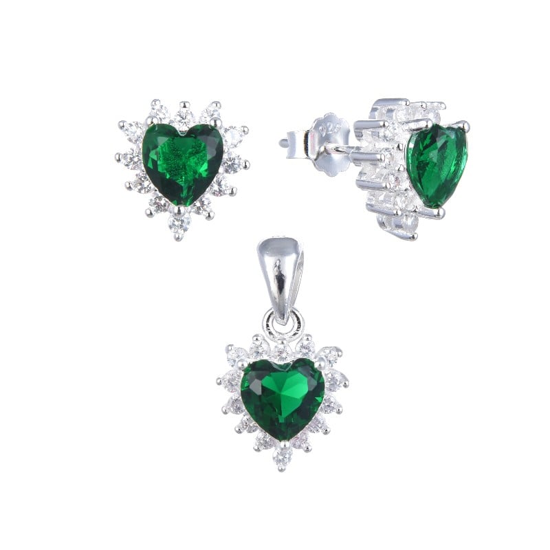 Juego corazón piedra esmeralda  - Plata
