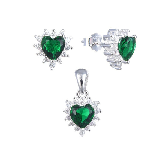 Juego corazón piedra esmeralda  - Plata
