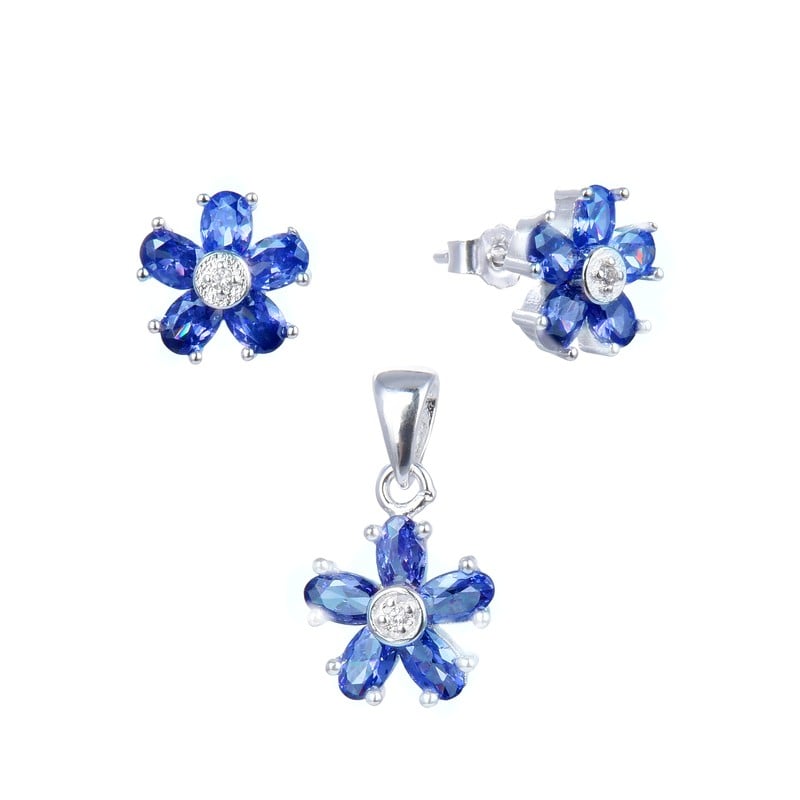 Juego flor zafiro con circones  - Plata