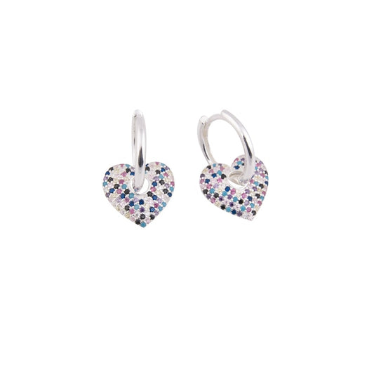 Argolla huggies corazón con circones de colores- Plata