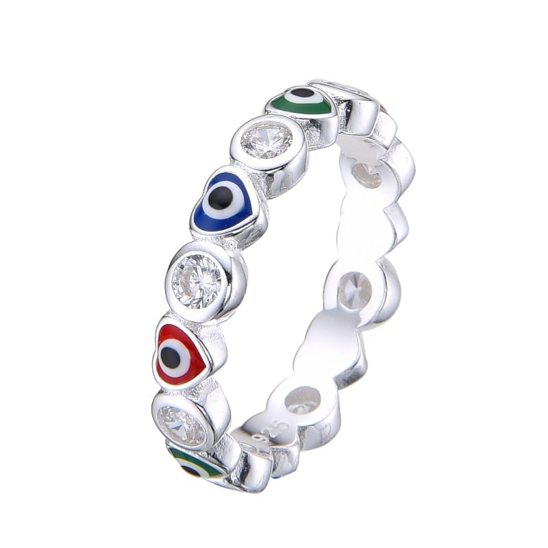 Anillo ojos turcos corazones multicolores circones - Plata