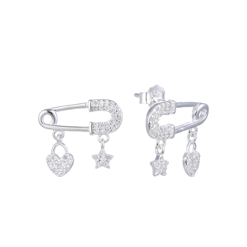 Arete imperdible con dijes circones pegado - Plata