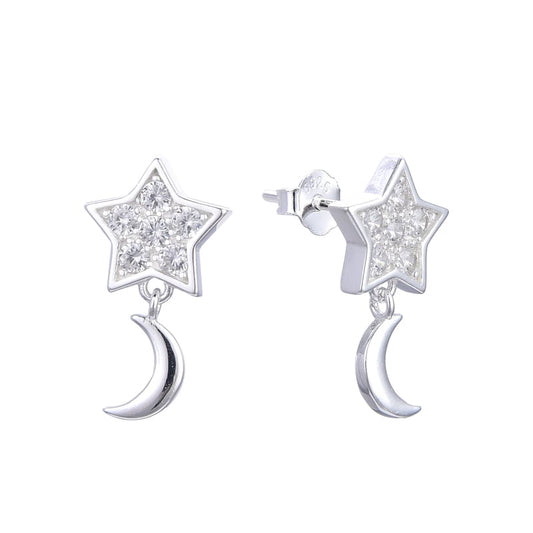 Arete estrella con dije luna con circones - Plata