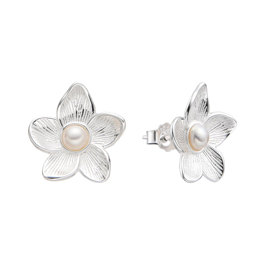 Arete flor perla diamantado pegado - Plata