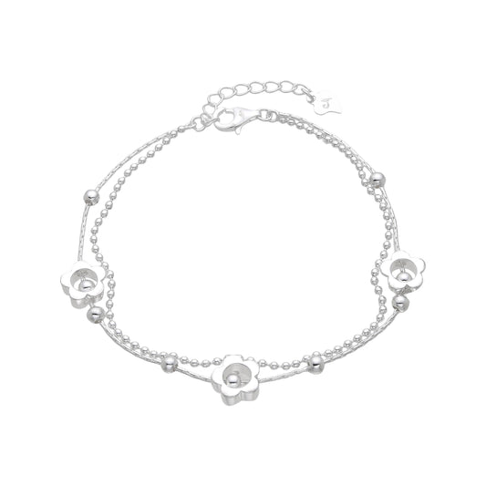 Pulsera doble flores y bolitas -  Plata