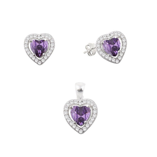Juego corazon circon morado  - Plata