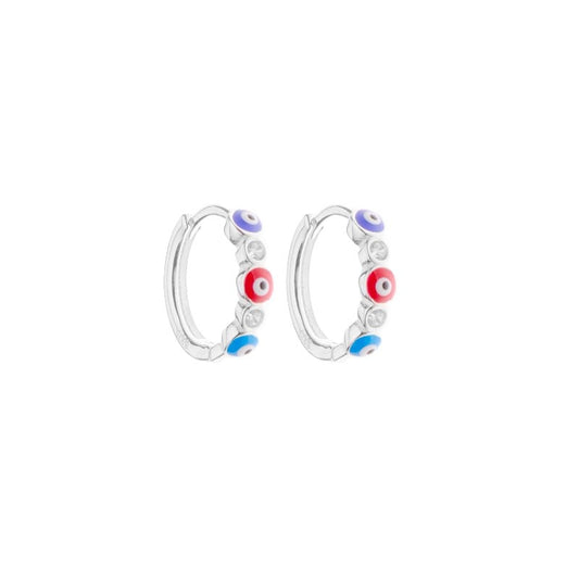 Argolla huggies ojo turco de colores y punto de luz   - Plata