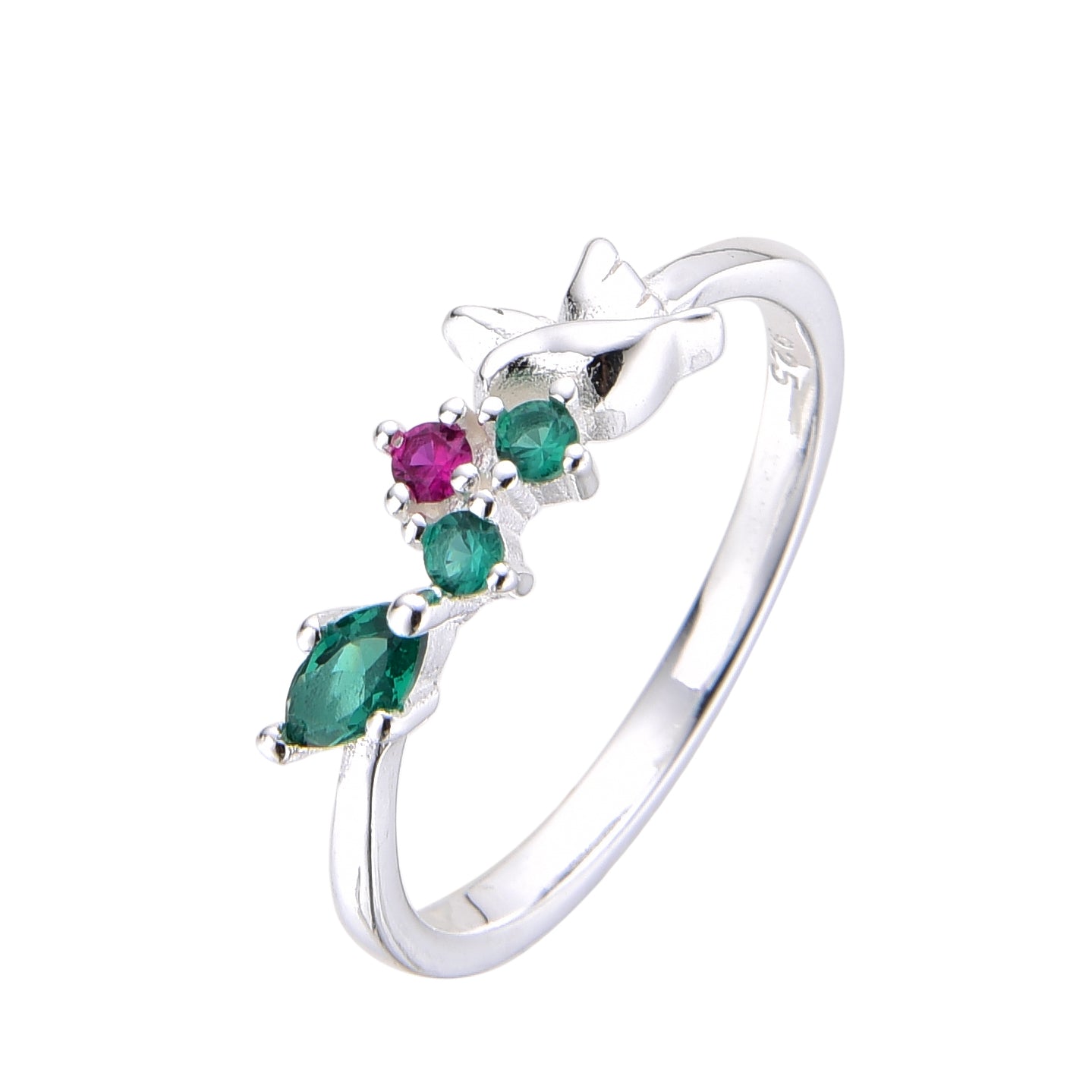 Anillo colibri y puntos de luz verde y rosa - Plata