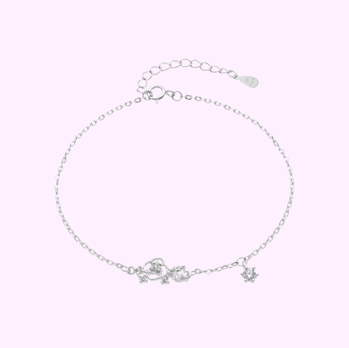 Pulsera rosa con circon colgante -  Plata