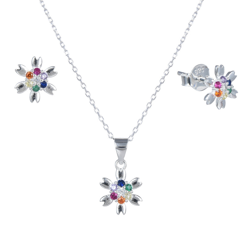 Juego sol con circones con cadena pegado  - Plata