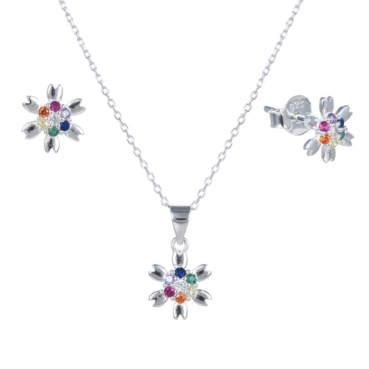 Juego sol con circones con cadena pegado  - Plata