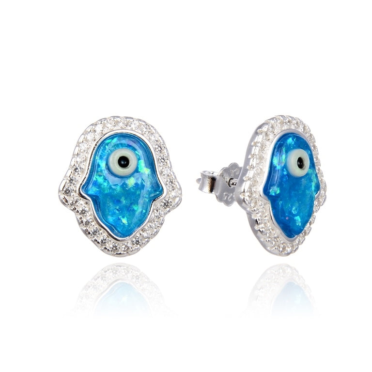 Arete ojo turco y mano poderosa piedra opalo - Plata
