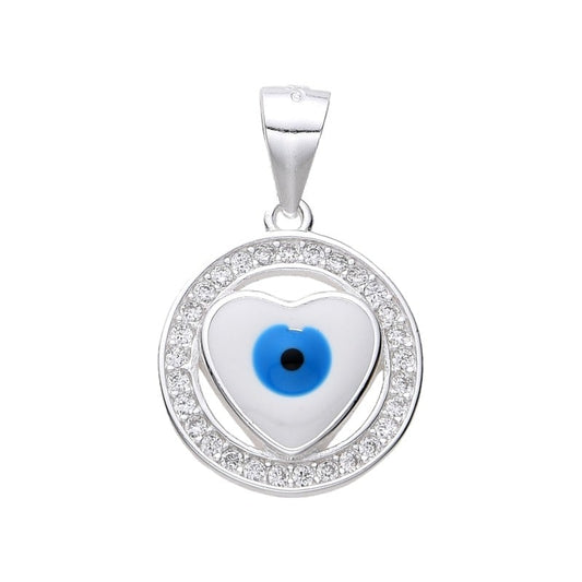 Dije de ojo turco corazón circular -  Plata